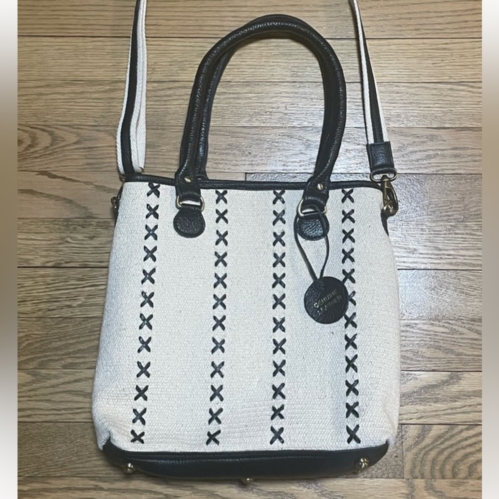 NWOT Canvas Shopper Tote Crossbody Vacation Travel Cotton Bag w/ Leather Trim